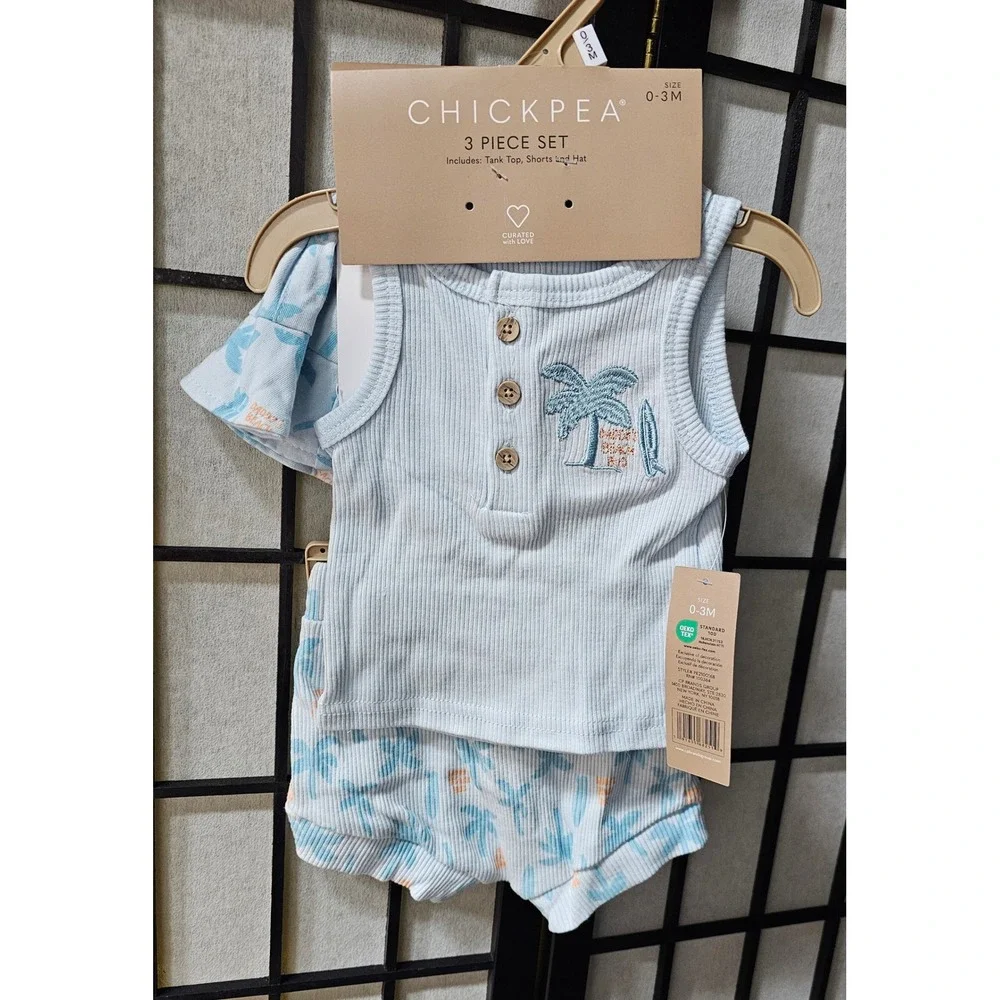 CHICKPEA 3 Piece Palm Tree Tank Shorts Hat Set 0-3M Blue‎ Tropical NWT